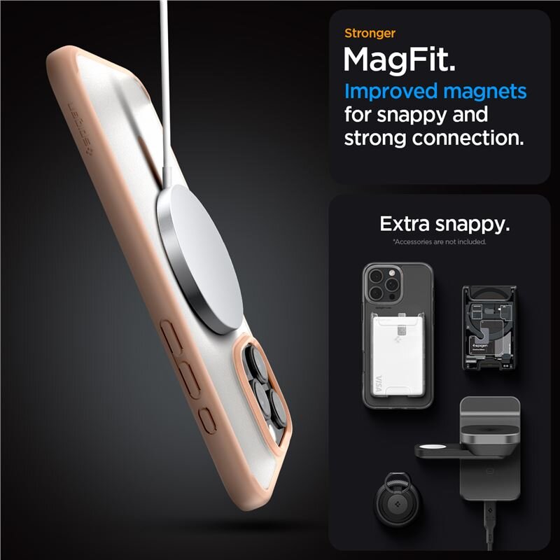 Obraz przedstawia telefon w etui z podłączoną ładowarką magnetyczną. Obok widoczny jest tekst: \'Stronger MagFit. Improved magnets for snappy and strong connection.\' oraz \'Extra snappy. *Accessories are not included.\'