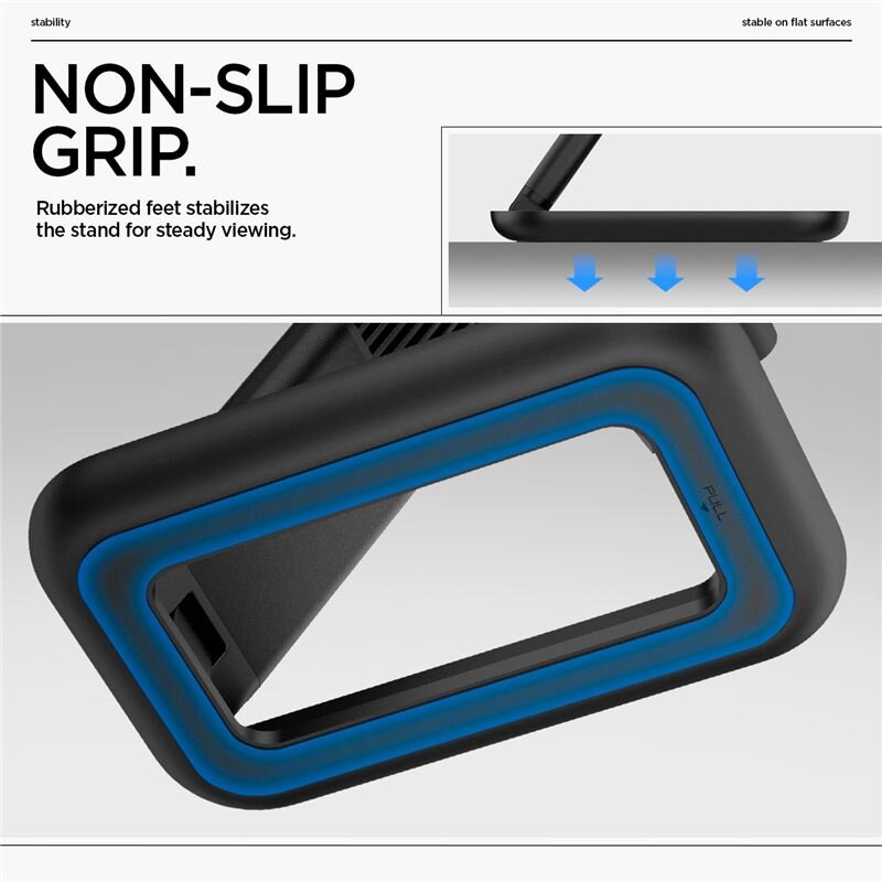 Obraz przedstawia czarną podstawkę na telefon z niebieskim akcentem, z napisem \'PULL\' na boku. Tekst na obrazie: \'NON-SLIP GRIP. Rubberized feet stabilizes the stand for steady viewing.\'