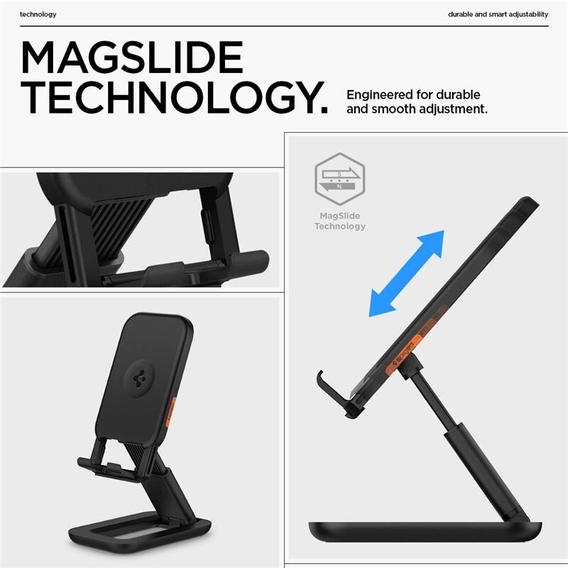 Obraz przedstawia czarny stojak na telefon z technologią MagSlide, umożliwiający trwałą i płynną regulację. Widoczny jest tekst: \'MAGSLIDE TECHNOLOGY. Engineered for durable and smooth adjustment.\'