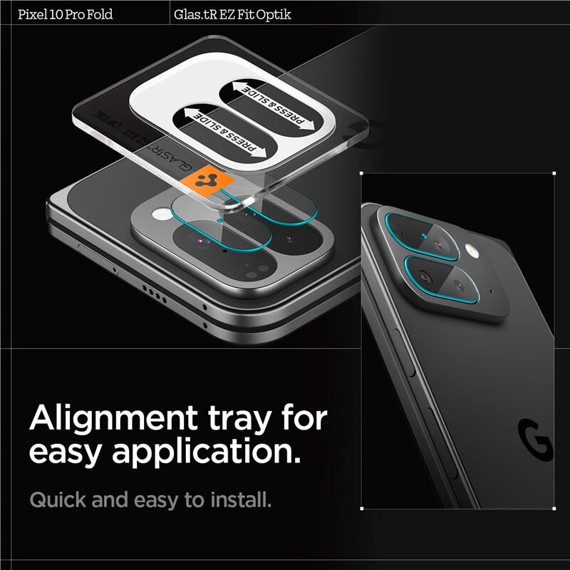 Obraz przedstawia telefon z nałożonym szkłem ochronnym oraz narzędziem do wyrównania. Widoczny tekst: \'Alignment tray for easy application. Quick and easy to install.\'