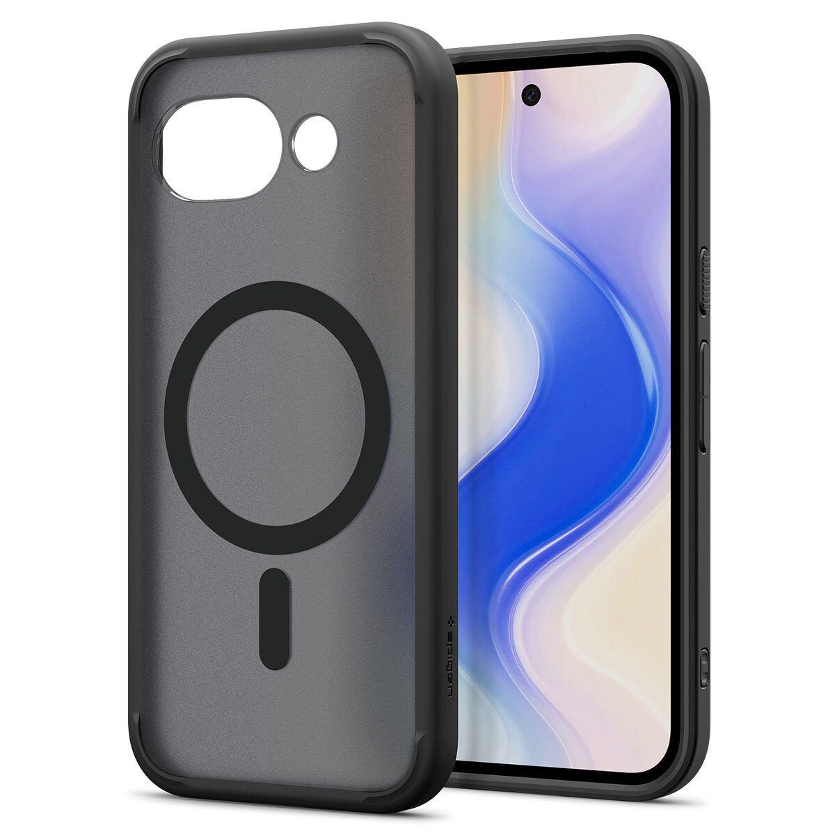 Etui na telefon w kolorze czarnym z przezroczystym tyłem i okrągłym wzorem, obok smartfona z wyświetlaczem pokazującym abstrakcyjny wzór w odcieniach niebieskiego i beżu.