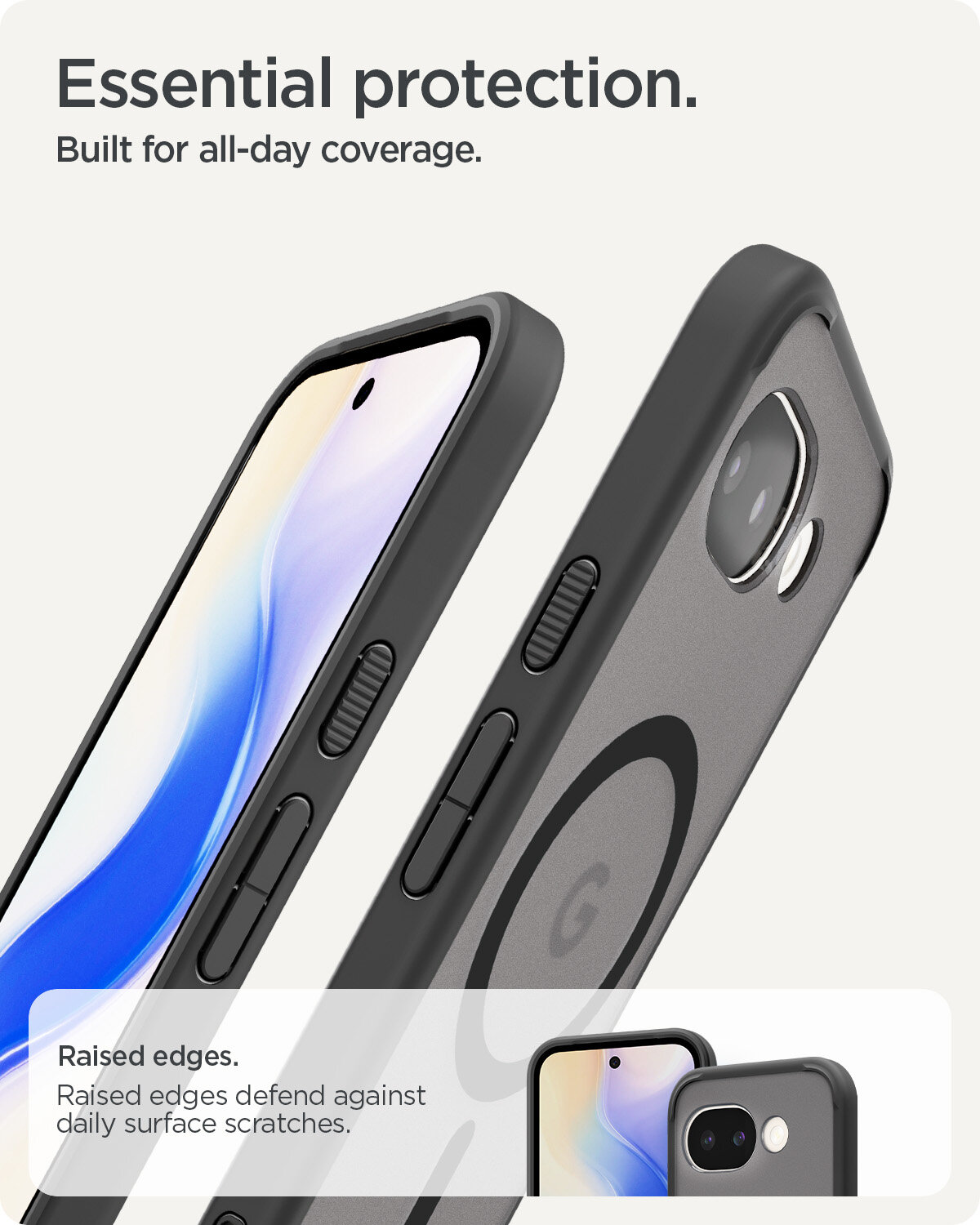Obraz przedstawia dwa telefony w etui z napisem \'Essential protection. Built for all-day coverage.\' oraz \'Raised edges. Raised edges defend against daily surface scratches.\'.
