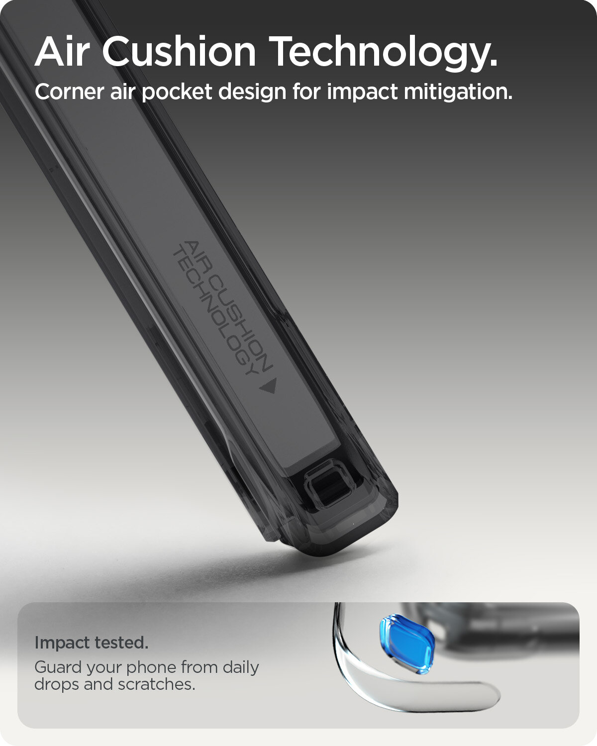 Obraz przedstawia fragment etui z napisem \'Air Cushion Technology\' oraz tekstem \'Corner air pocket design for impact mitigation.\' Na dole widoczny jest napis \'Impact tested. Guard your phone from daily drops and scratches.\'