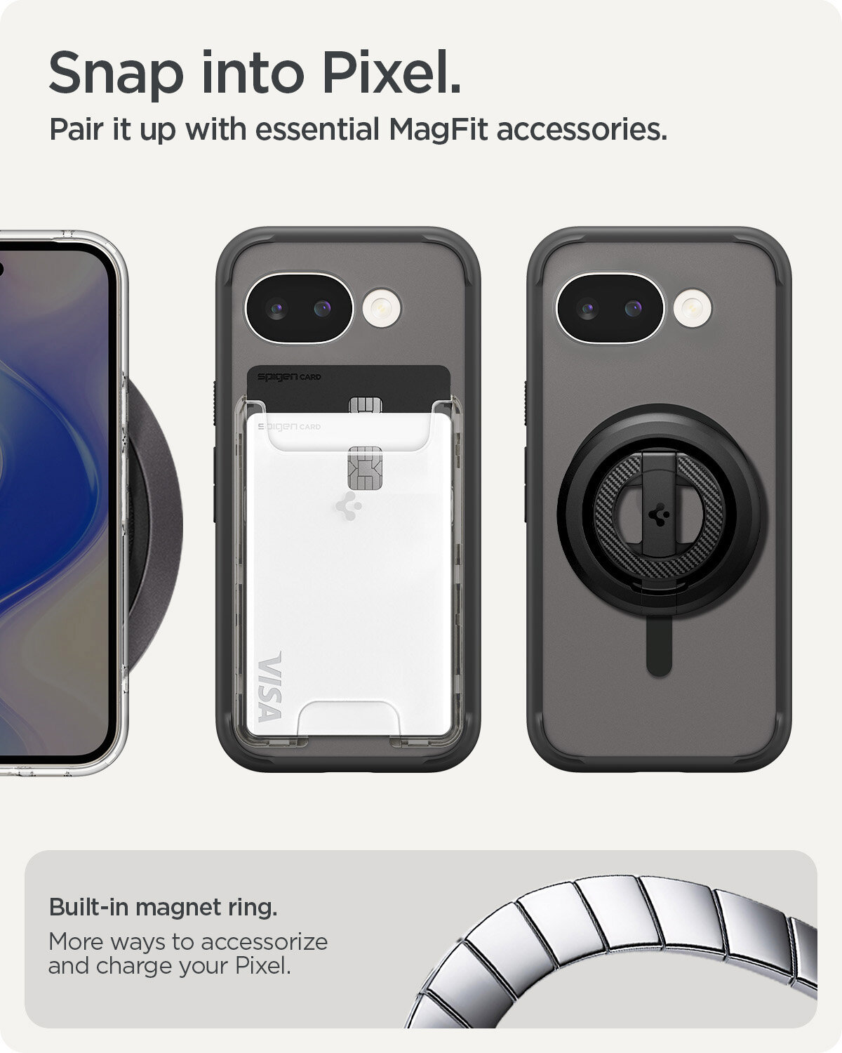 Obraz przedstawia trzy etui na telefon z wbudowanym pierścieniem magnetycznym, jedno z nich zawiera kartę płatniczą. Tekst na obrazie: \'Snap into Pixel. Pair it up with essential MagFit accessories. Built-in magnet ring. More ways to accessorize and charge your Pixel.\'