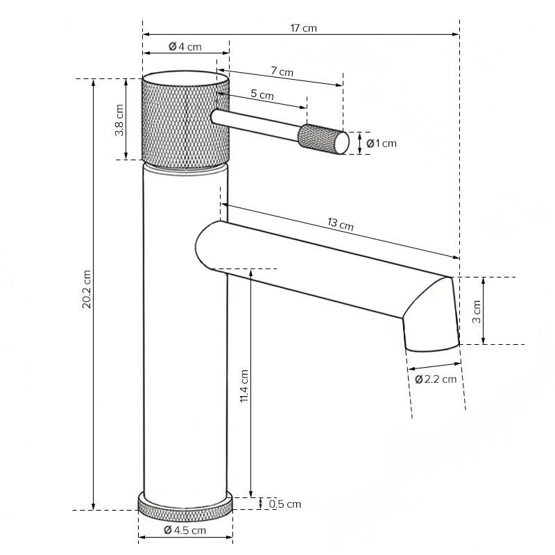 Schemat techniczny baterii umywalkowej z wymiarami: wysokość 20,2 cm, średnica podstawy 4,5 cm, długość wylewki 13 cm, średnica wylewki 2,2 cm.