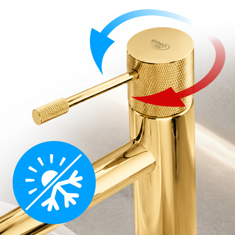 Złota bateria umywalkowa z widocznym logo \'HYDRO SAN\' na górze. Obok znajduje się niebieska ikona z symbolem słońca i płatka śniegu oraz strzałki wskazujące kierunek obrotu.