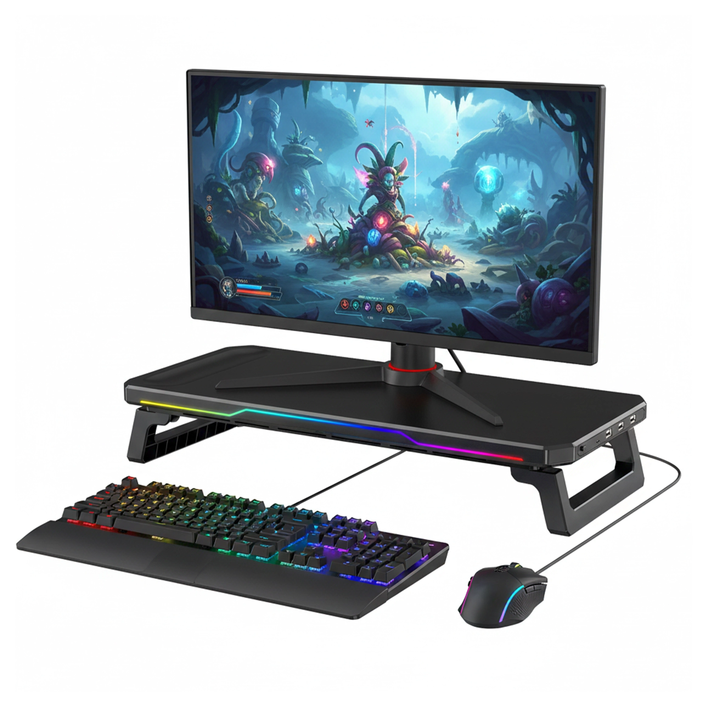 Na obrazie widać monitor umieszczony na czarnej podstawce z oświetleniem RGB, pod którym znajduje się klawiatura i myszka. Podstawka posiada porty USB z boku.