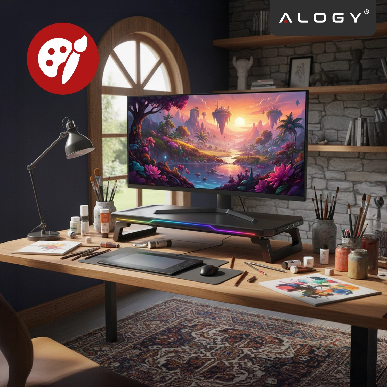 Na biurku znajduje się monitor na czarnej podstawce z oświetleniem RGB, otoczony przyborami malarskimi i lampką. W tle widoczne jest logo \'ALOGY\'.