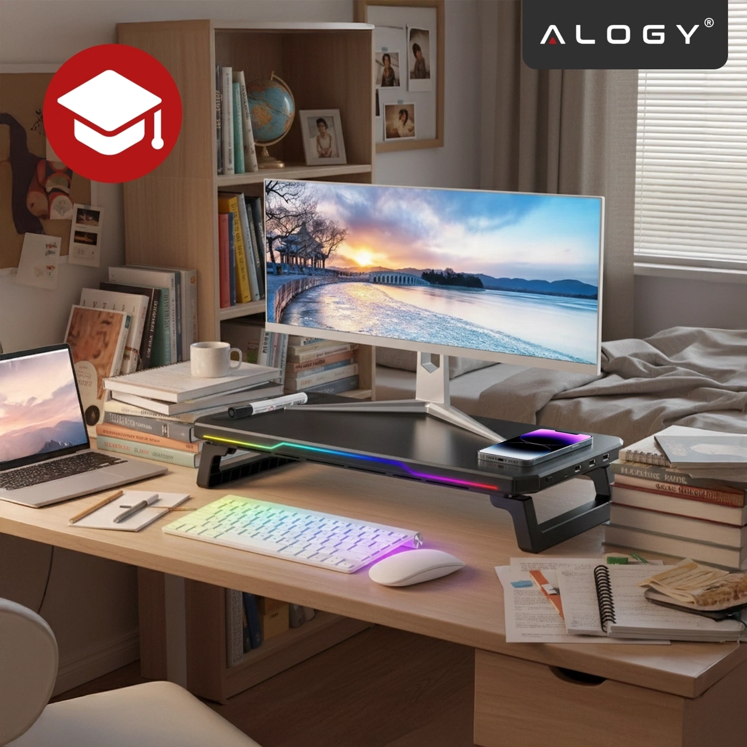 Na biurku znajduje się podstawka pod monitor z oświetleniem RGB, na której stoi monitor. Obok leży klawiatura z podświetleniem, myszka oraz laptop, a w tle widać półki z książkami i dekoracjami.