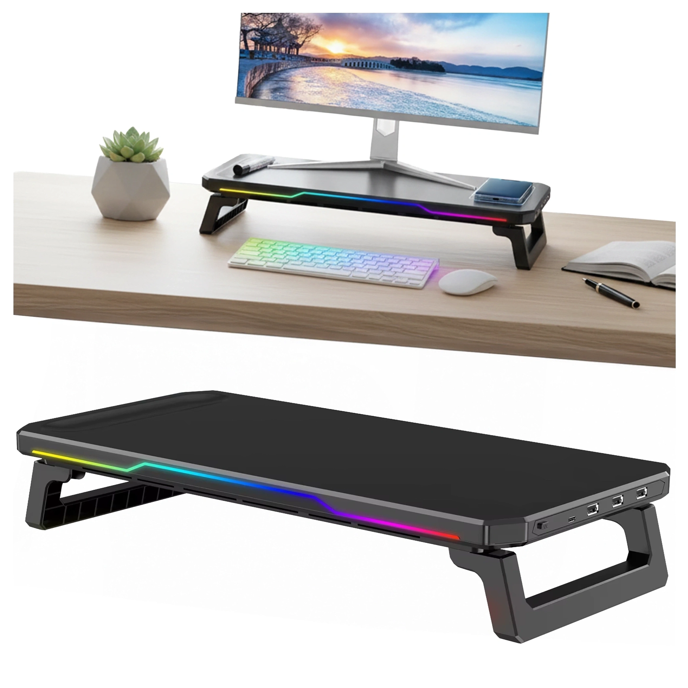Podstawka pod monitor z oświetleniem RGB, posiadająca trzy porty USB-A i jeden port USB-C, umieszczona na biurku z monitorem, klawiaturą i myszką. Na biurku znajduje się również roślina w doniczce, notes i długopis.