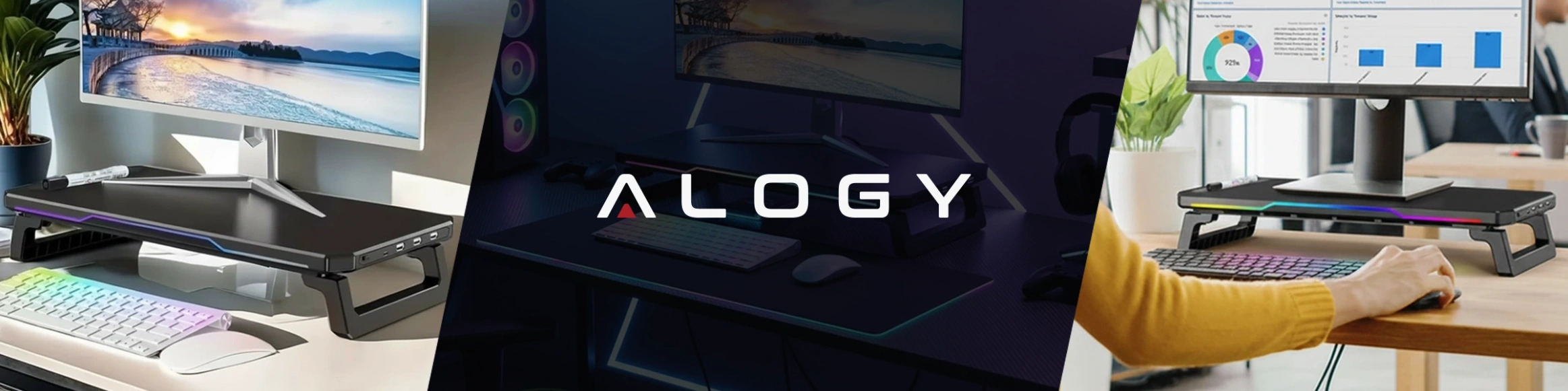 Obraz przedstawia trzy sceny z biurkami, na których znajdują się monitory umieszczone na czarnych podstawkach z oświetleniem RGB. Na środku widoczne jest logo \'ALOGY\'.