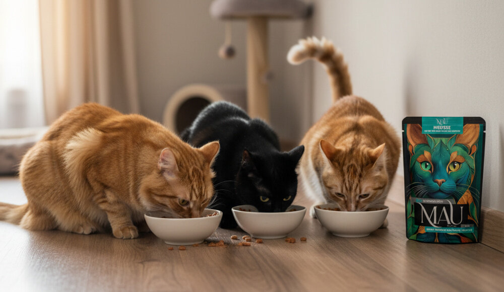 Trzy koty jedzą z misek ustawionych na podłodze, obok znajduje się opakowanie karmy z napisem \'MAU\'.