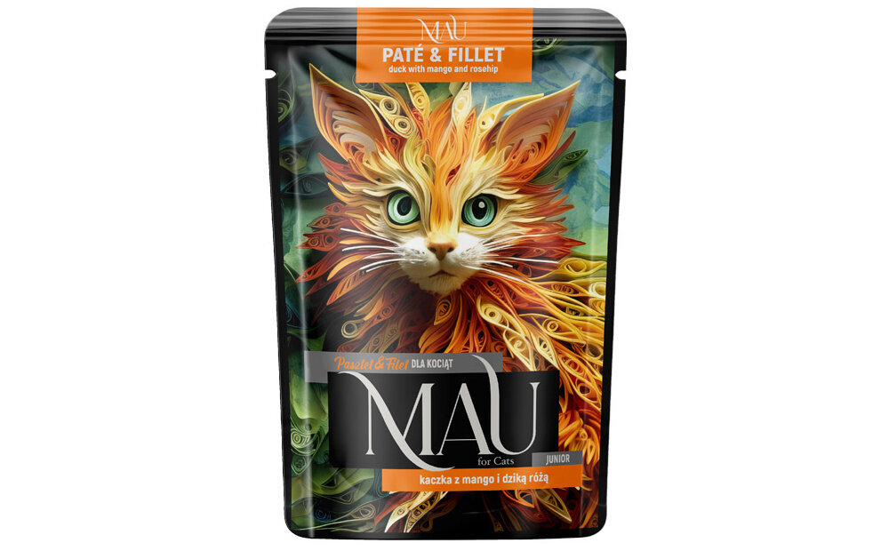 Opakowanie karmy dla kota z ilustracją kolorowego kota na tle liści. Widoczny tekst: \'MAU PATE & FILLET duck with mango and rosehip\', \'MAU for Cats\', \'kaczka z mango i dziką różą\'.
