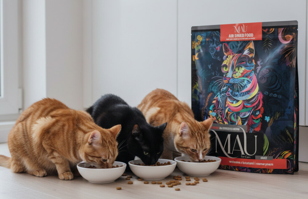 Trzy koty jedzą z misek, a obok nich stoi opakowanie karmy z kolorowym wizerunkiem kota i napisem \'MAU Air Dried Food\'.