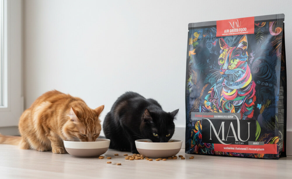 Dwa koty jedzą z misek, obok stoi opakowanie karmy MAU Air Dried Food z kolorową grafiką kota. Na opakowaniu widnieje napis: \'wołowina z batatami i rozmarynem\'.