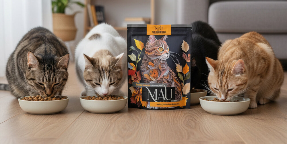 Cztery koty jedzą karmę z misek, a obok nich stoi opakowanie karmy MAU z ilustracją kota i liści. Na opakowaniu widnieje napis: \'MAU Air Dried Food Kaczka z tymiankiem i kocimiętką\'.