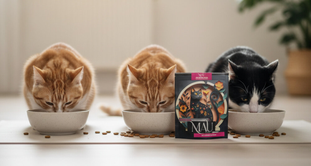 Trzy koty jedzą z misek, a obok znajduje się opakowanie karmy MAU Air Dried Food z ilustracją kotów i kwiatów na etykiecie.