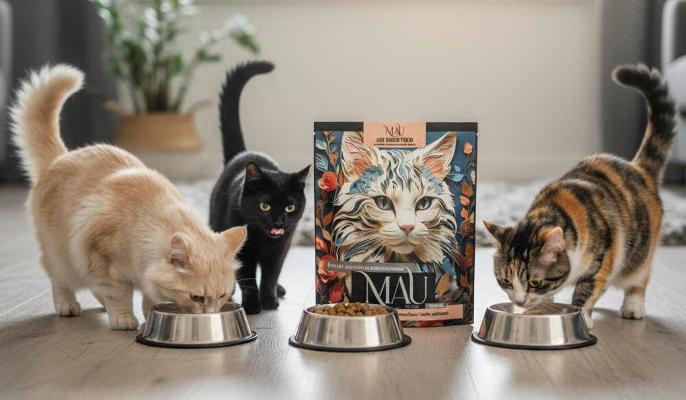 Trzy koty jedzą z metalowych misek, a w tle znajduje się opakowanie karmy MAU z ilustracją kota i kwiatami. Na opakowaniu widnieje napis: \'MAU Air Dried Food Łosoś z krewetkami i natką pietruszki\'.