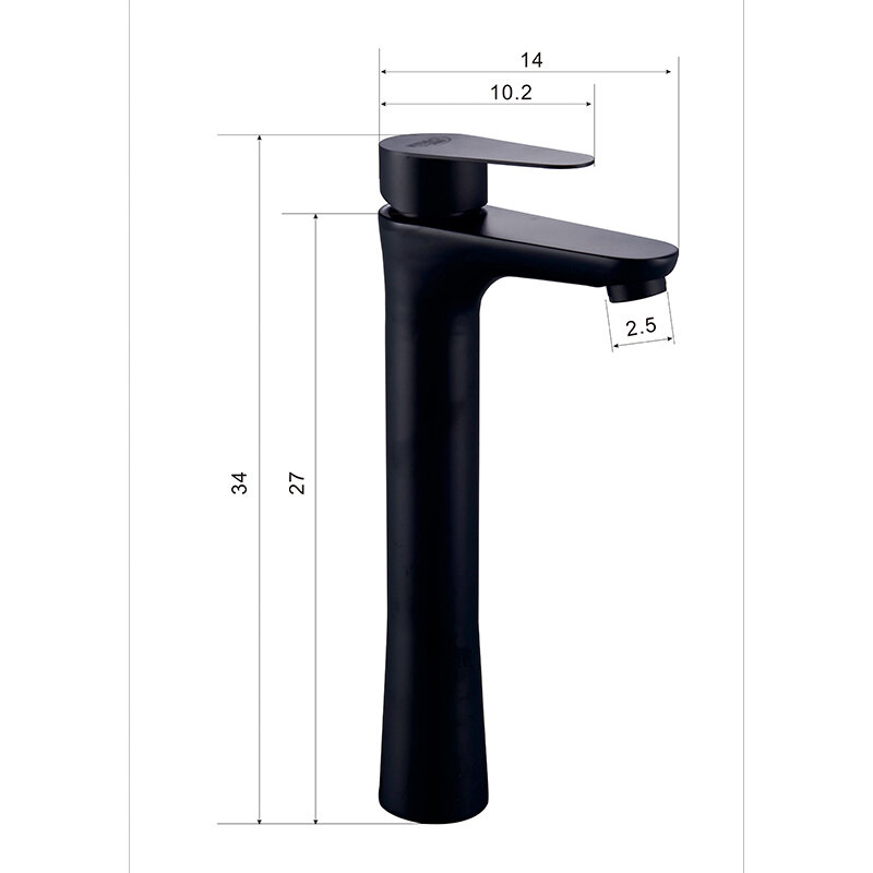 Czarna bateria umywalkowa o nowoczesnym designie z widocznymi wymiarami: wysokość 34 cm, długość wylewki 14 cm, szerokość wylewki 2,5 cm, odległość od podstawy do wylewki 27 cm, długość uchwytu 10,2 cm.