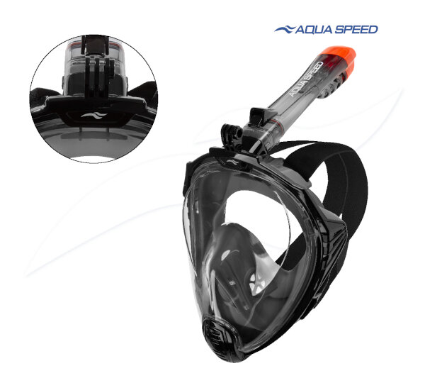 Maska pełnotwarzowa do snorkelingu z przezroczystą szybą i czarnymi paskami, posiada rurkę z logo AQUA SPEED i pomarańczowym zakończeniem. Widoczne jest logo AQUA SPEED na masce oraz rurce.