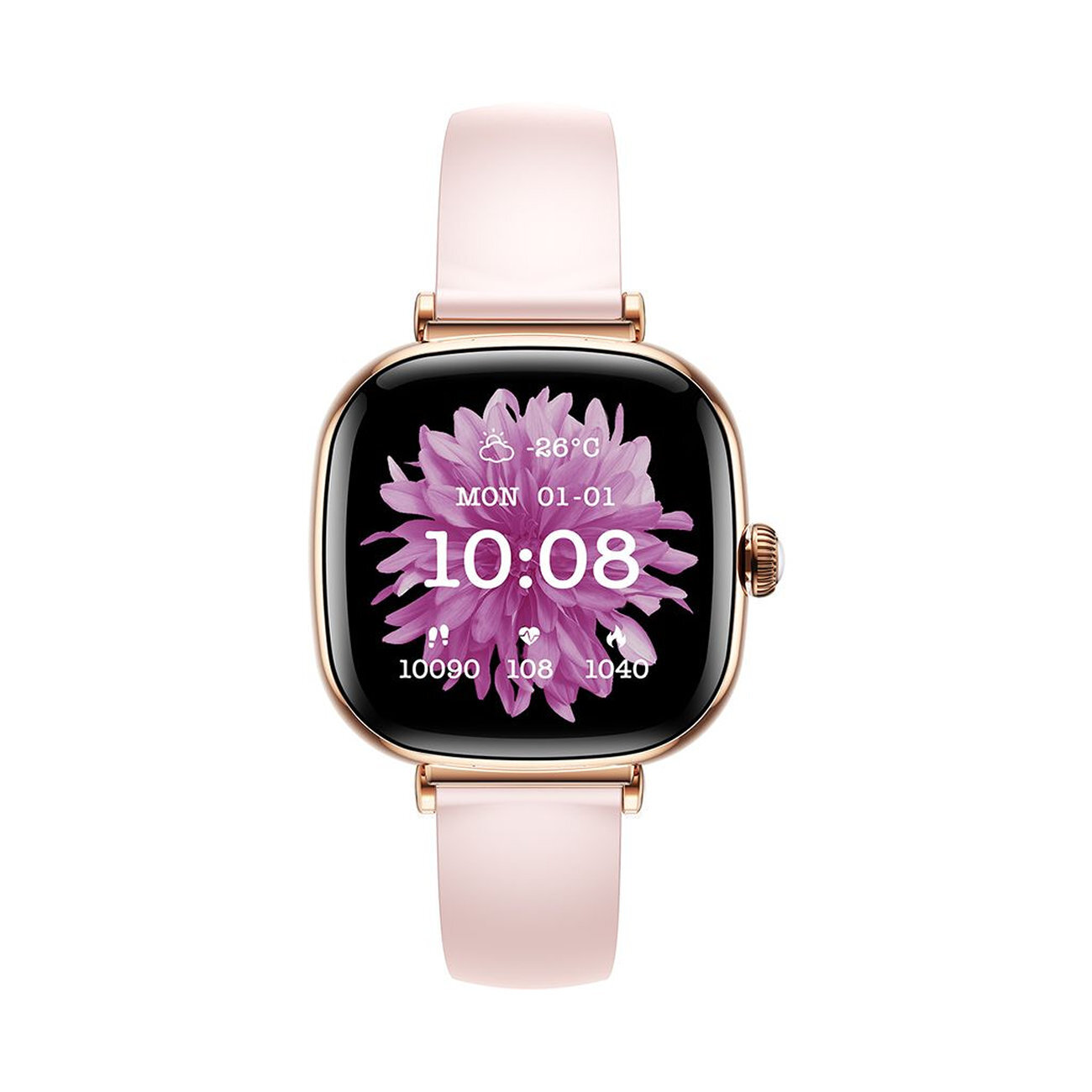 Zegarek smartwatch z różowym paskiem i wyświetlaczem pokazującym godzinę 10:08, datę MON 01-01 oraz temperaturę 26°C. Na ekranie widoczny jest również fioletowy kwiat i ikony dotyczące zdrowia oraz liczby 10090, 108, 1040.