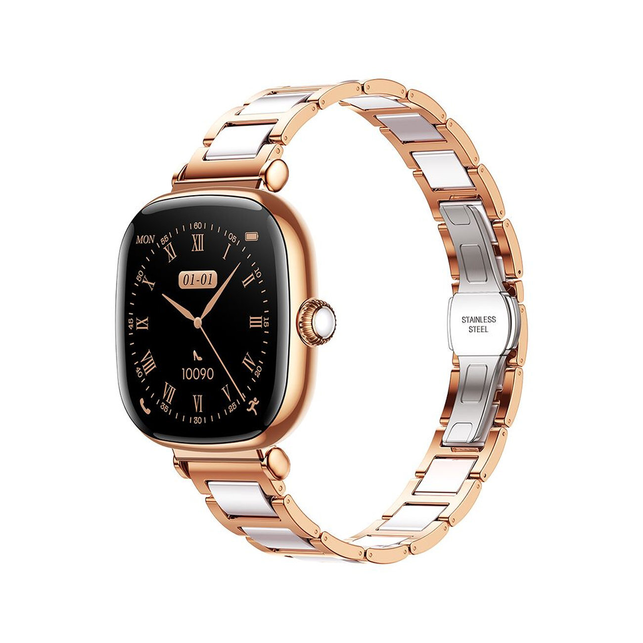 Zegarek smartwatch z okrągłą tarczą w kolorze złotym, z wyświetlaczem pokazującym datę i czas. Pasek wykonany z metalu z napisem \'STAINLESS STEEL\'.