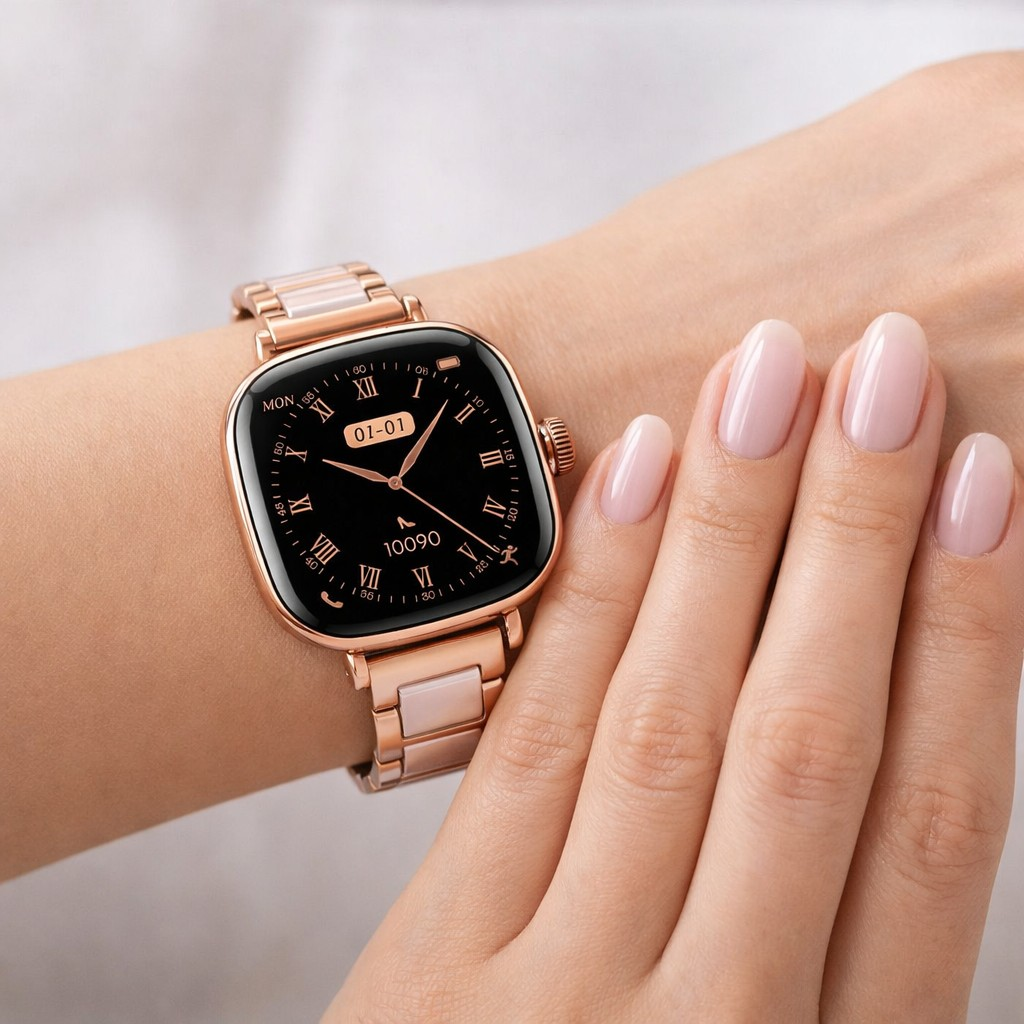 Na zdjęciu widoczny jest smartwatch z różowo-złotą bransoletą na nadgarstku, z wyświetlaczem pokazującym datę \'01-01\' i liczbę \'10090\'. Tarcza zegarka ma czarny kolor z rzymskimi cyframi i wskazówkami w kolorze różowego złota.