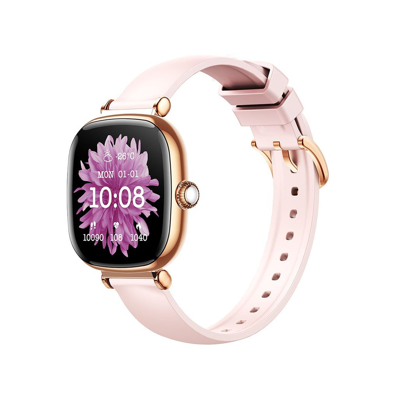 Smartwatch z różowym paskiem i złotą kopertą, wyświetlający tarczę z kwiatowym motywem oraz informacjami: -26°C, MON 01-01, 10:08, 10090, 108, 1040.
