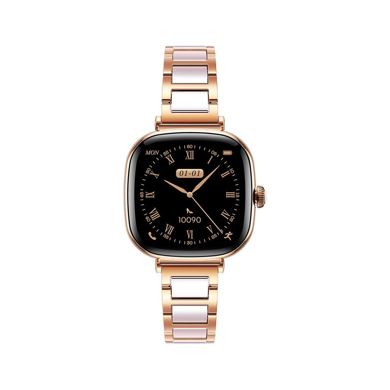 Zegarek smartwatch z kwadratową tarczą w kolorze złotym, z wyświetlaczem pokazującym datę \'01-01\' i czas z rzymskimi cyframi. Pasek jest metalowy, w kolorze złotym z białymi elementami.
