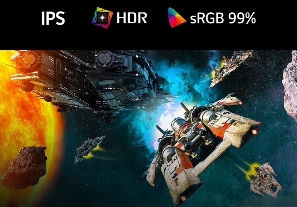 Obraz przedstawia scenę kosmiczną z kilkoma statkami kosmicznymi na tle gwiazd i planet. Na górze widoczne są napisy: \'IPS\', \'HDR\', \'sRGB 99%\'.