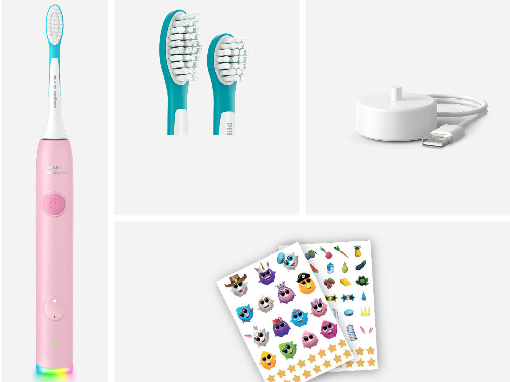 Szczoteczka soniczna PHILIPS Sonicare for Kids Smart HX6600/11 Różowy zdjęcie lifestyle Zawartość zestawu zestaw akcesoria komplet wyposażenie
