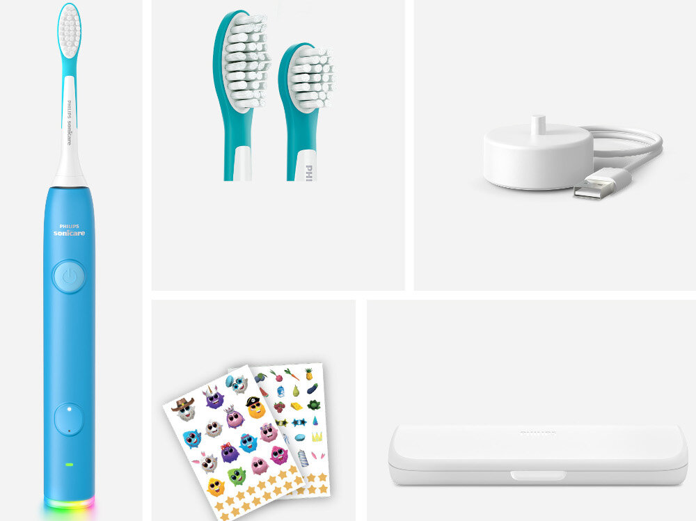 Szczoteczka soniczna PHILIPS Sonicare for Kids Smart HX6600/42 Niebieski zdjęcie lifestyle Zawartość zestawu zestaw akcesoria wyposażenie