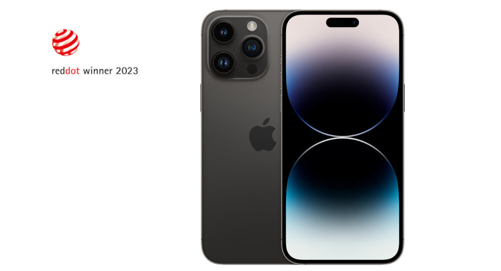 Smartfon w kolorze czarnym z trzema aparatami z tyłu i logo w kształcie jabłka. Obok widoczne jest logo \'reddot winner 2023\'.