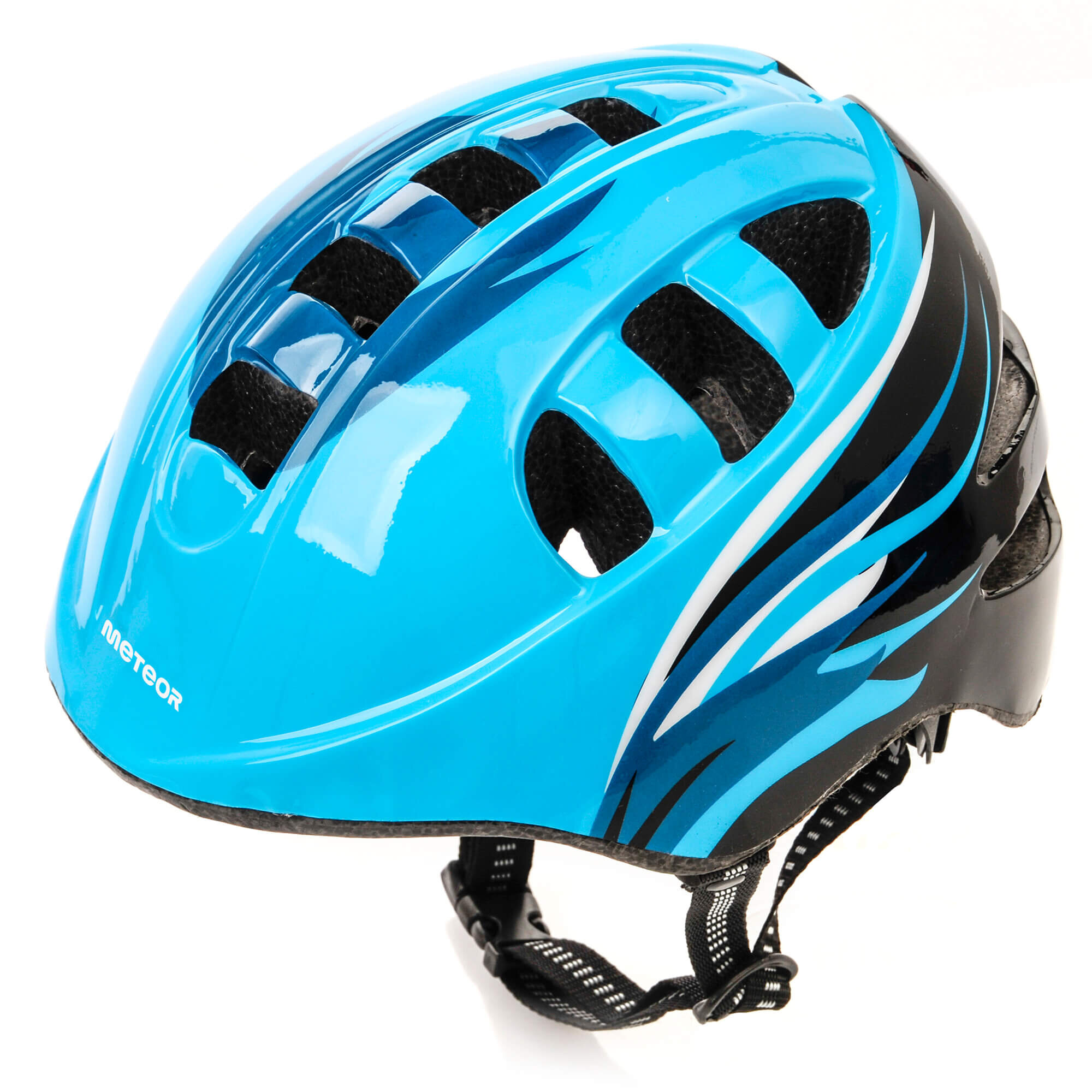 Kask rowerowy w kolorze niebieskim z czarnymi i białymi wzorami, posiada otwory wentylacyjne. Na kasku widoczne jest logo \'METEOR\'.