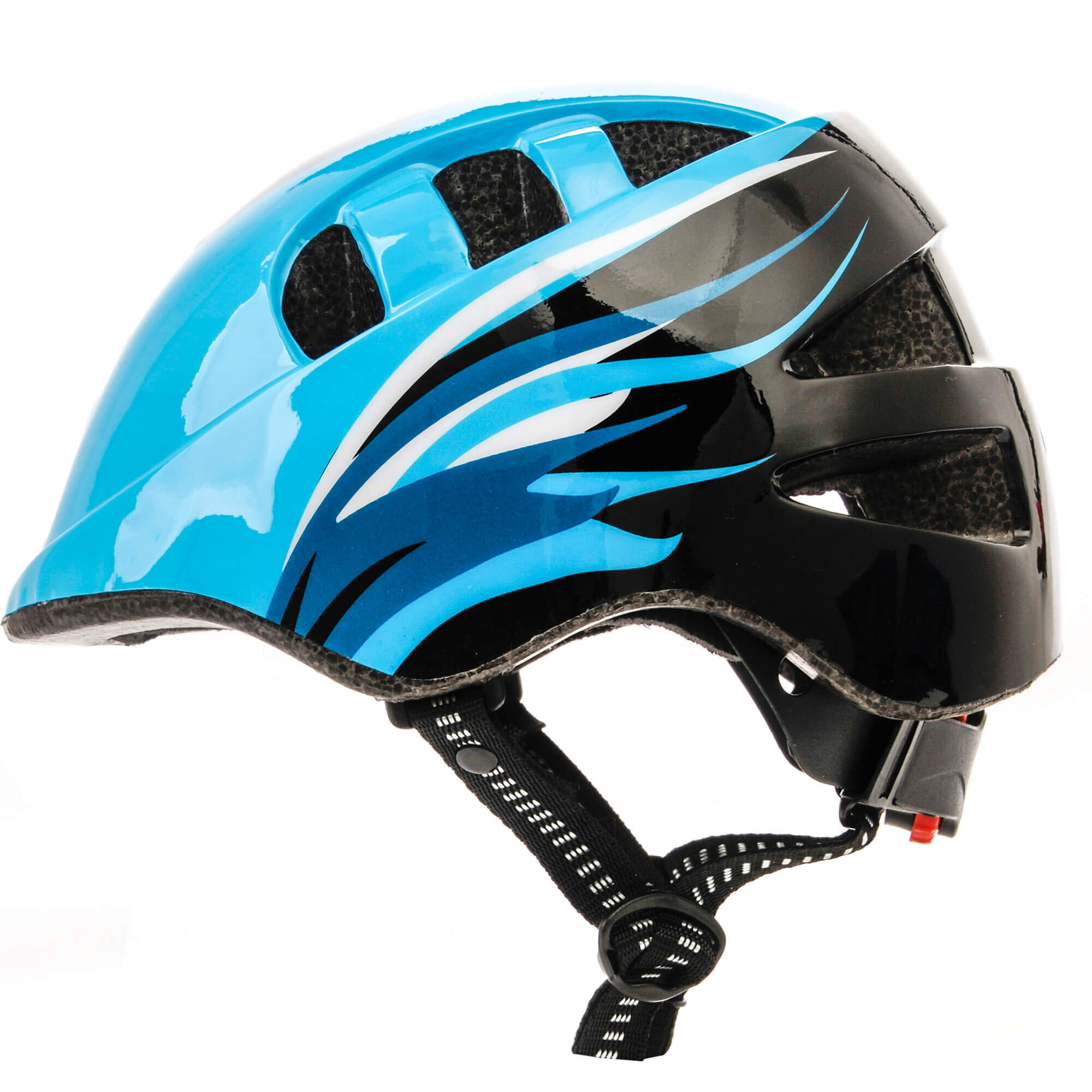Kask rowerowy dziecięcy w kolorze niebiesko-czarnym z białymi i niebieskimi wzorami. Posiada regulowany pasek pod brodą z zapięciem na klamrę.