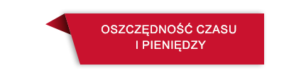 Czerwony prostokątny baner z białym tekstem: \'OSZCZĘDNOŚĆ CZASU I PIENIĘDZY\'.