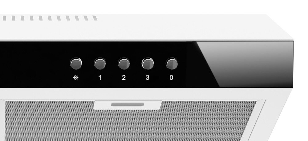 Obraz przedstawia panel sterowania okapu z pięcioma przyciskami oznaczonymi symbolami: gwiazdka, 1, 2, 3, 0. Panel jest w kolorze czarnym z elementami inox, a poniżej znajduje się metalowy filtr.