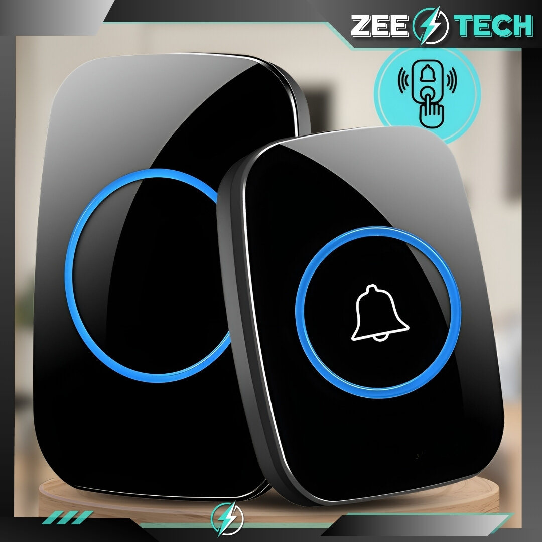 Na obrazie widoczne są dwa czarne urządzenia z niebieskimi podświetlanymi okręgami, jedno z nich ma ikonę dzwonka. W prawym górnym rogu znajduje się logo \'ZEE TECH\' oraz symbol dzwonka z palcem wskazującym.