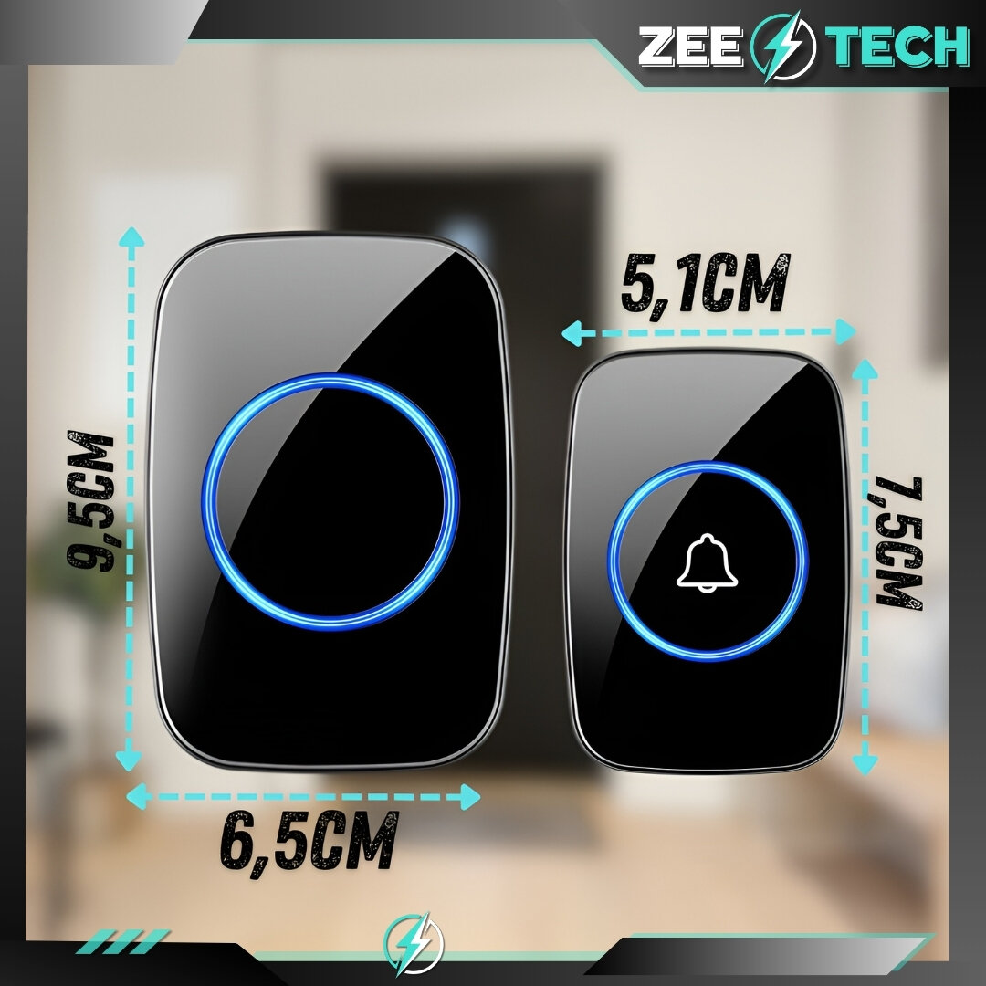 Na obrazie widoczne są dwa czarne urządzenia z niebieskimi podświetleniami, jedno z nich ma symbol dzwonka. Wymiary większego urządzenia to 9,5 cm na 6,5 cm, a mniejszego 7,5 cm na 5,1 cm.