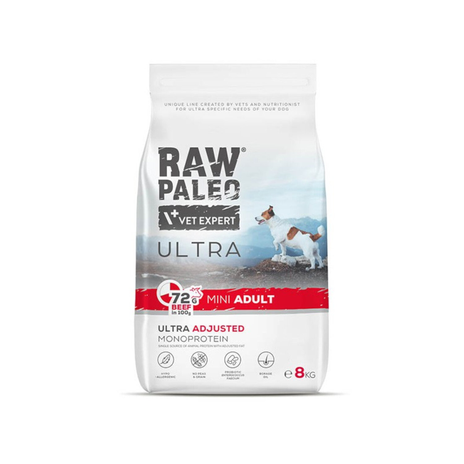 Opakowanie suchej karmy dla psów z napisem \'RAW PALEO VET EXPERT ULTRA\'. Widoczny jest pies na tle gór oraz informacje o składzie i wadze 8 kg.