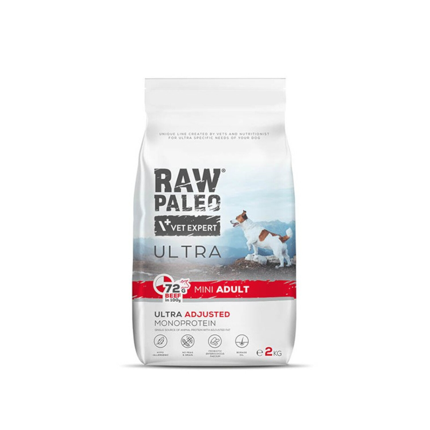 Opakowanie suchej karmy dla psów z napisem \'RAW PALEO VET EXPERT ULTRA\' oraz grafiką psa na tle gór. Na opakowaniu widnieje informacja \'72% BEEF IN 100g MINI ADULT\' oraz \'ULTRA ADJUSTED MONOPROTEIN\'.