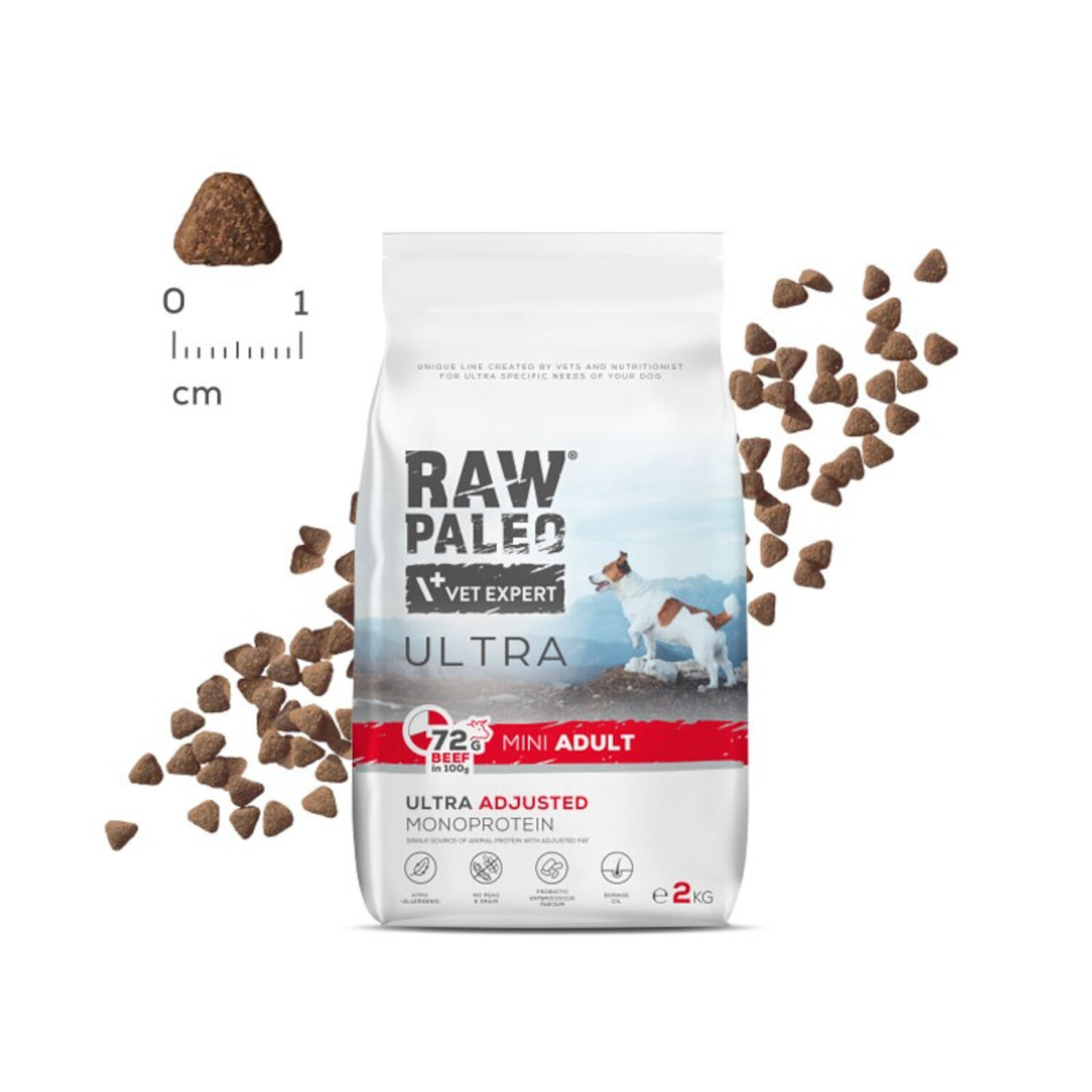 Opakowanie suchej karmy dla psów z napisem \'RAW PALEO VET EXPERT ULTRA\'. Obok widoczne są granulki karmy oraz miarka pokazująca ich wielkość w centymetrach.