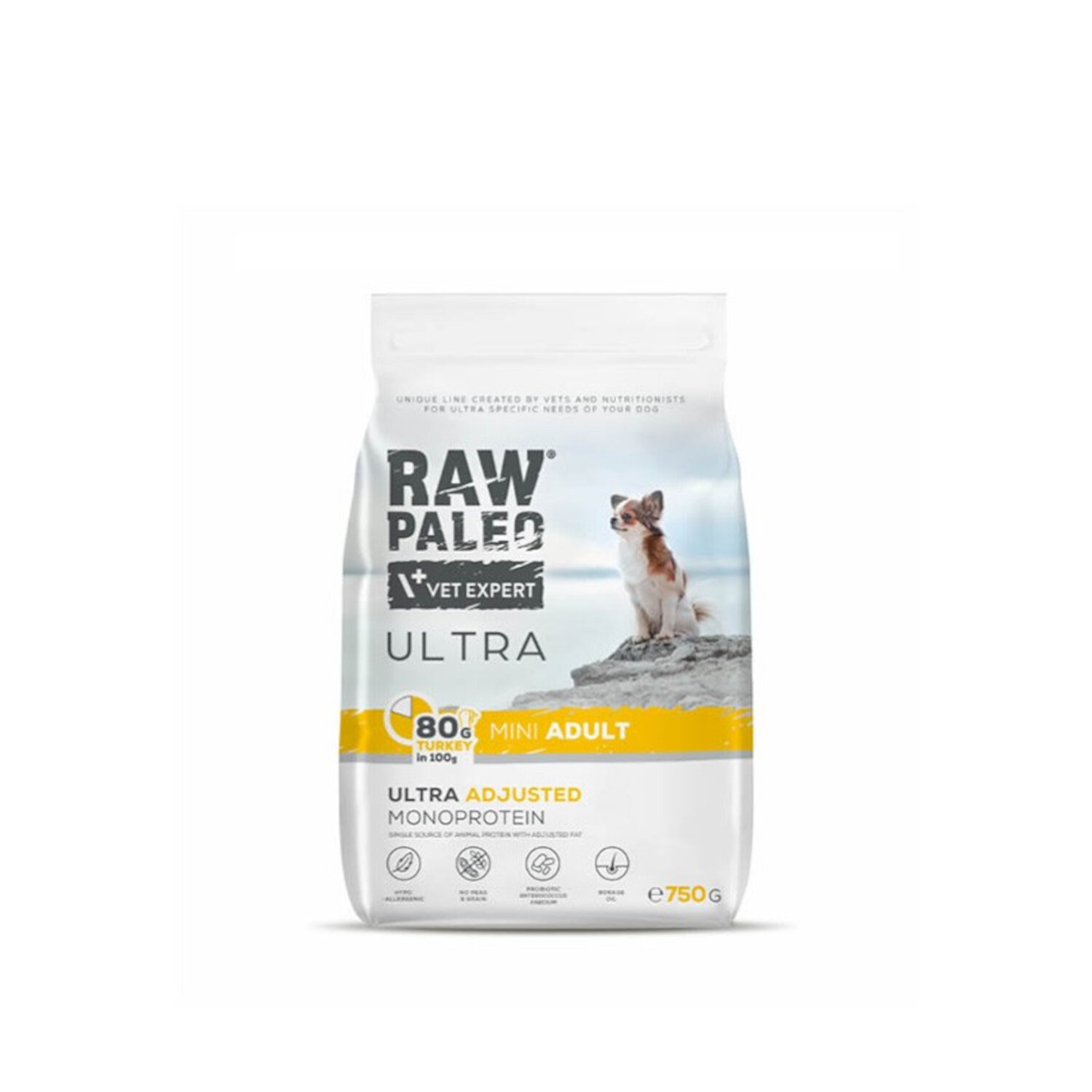 Opakowanie suchej karmy dla psów z napisem \'RAW PALEO VET EXPERT ULTRA MINI ADULT\'. Widoczny jest mały pies na tle krajobrazu oraz informacja o wadze 750g.