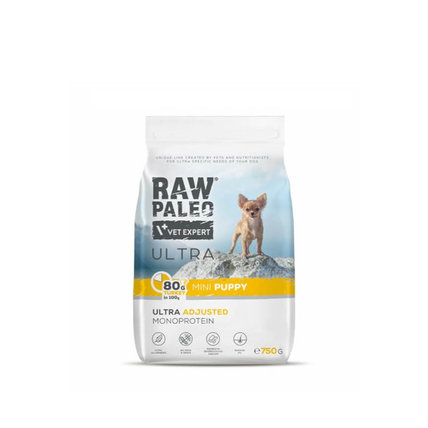 Opakowanie suchej karmy dla szczeniąt z napisem \'RAW PALEO VET EXPERT ULTRA MINI PUPPY\'. Widoczny jest mały piesek na tle nieba oraz informacje o zawartości 80% indyka w 100g i wadze 750g.