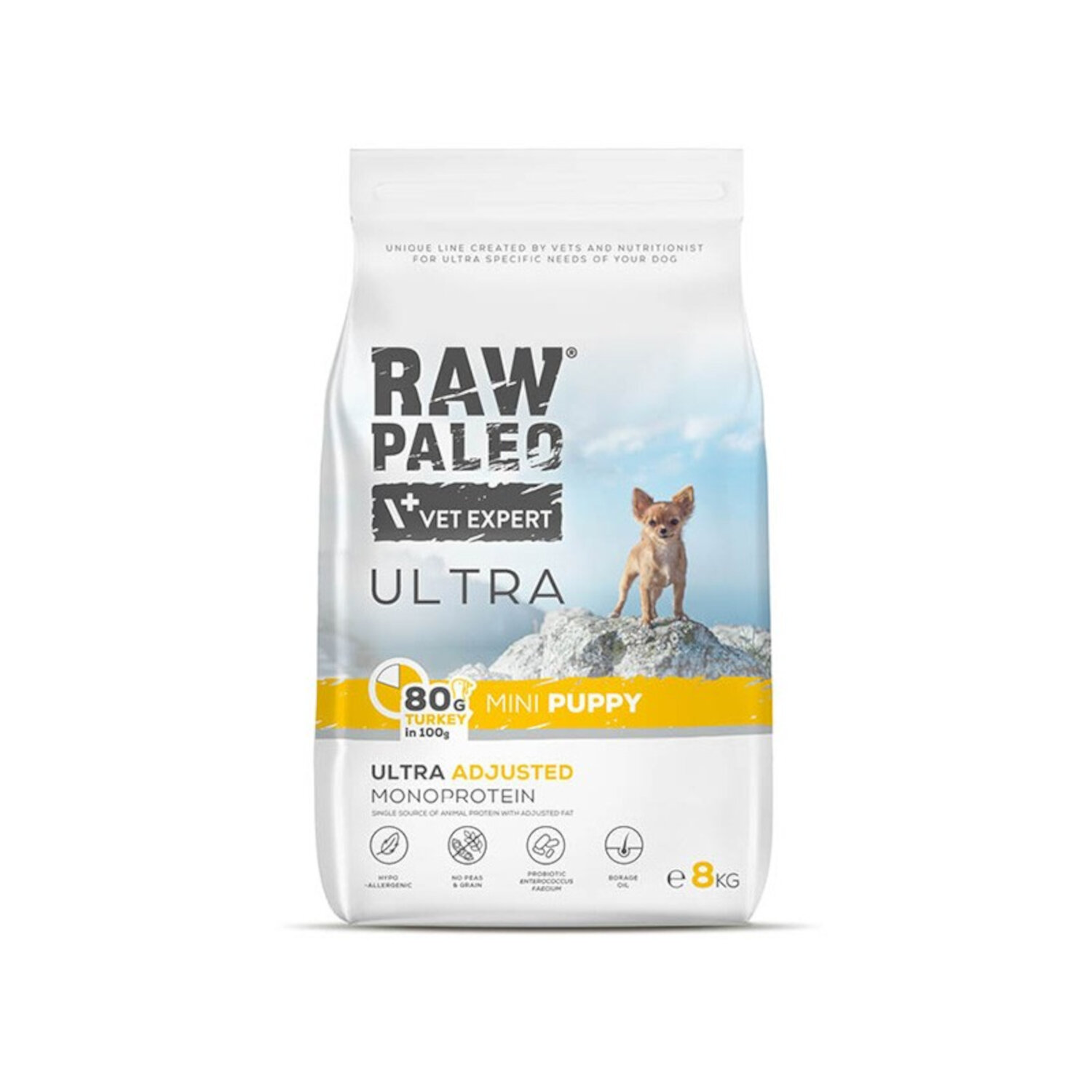 Opakowanie suchej karmy dla szczeniąt z napisem \'RAW PALEO VET EXPERT ULTRA\'. Widoczny jest mały piesek na tle nieba oraz informacje o składzie i wadze 8 kg.