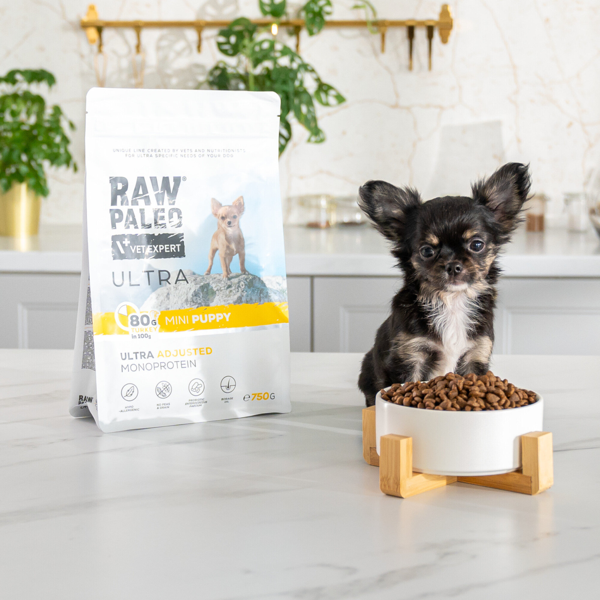 Na blacie kuchennym stoi opakowanie karmy RAW PALEO VET EXPERT ULTRA MINI PUPPY 750g oraz miska z karmą, obok której siedzi mały piesek. W tle widoczne są rośliny doniczkowe i marmurowa ściana.