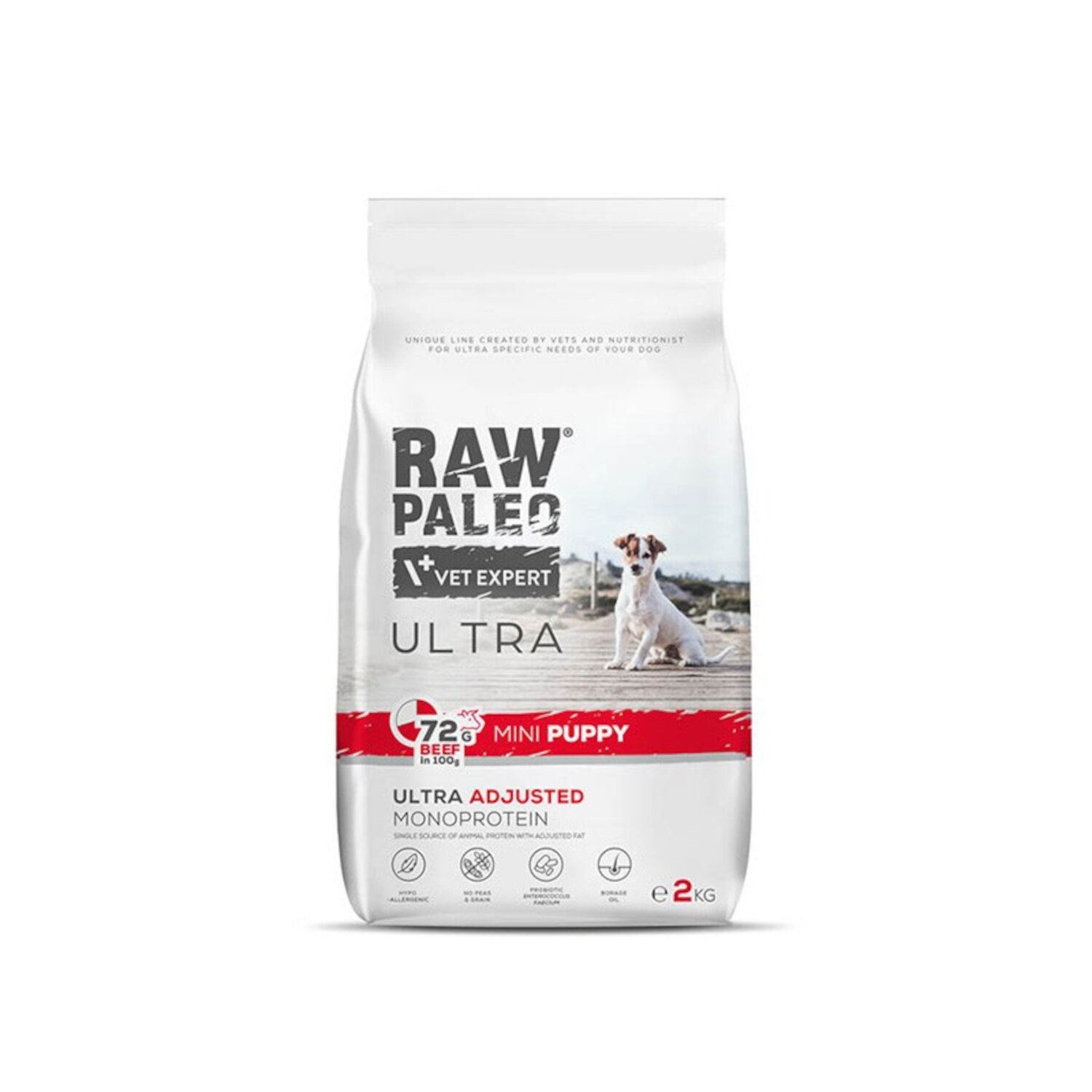 Opakowanie suchej karmy dla szczeniąt z wołowiną marki RAW PALEO VET EXPERT ULTRA, o wadze 2 kg. Na opakowaniu widoczny jest pies oraz informacje o składzie i przeznaczeniu produktu.