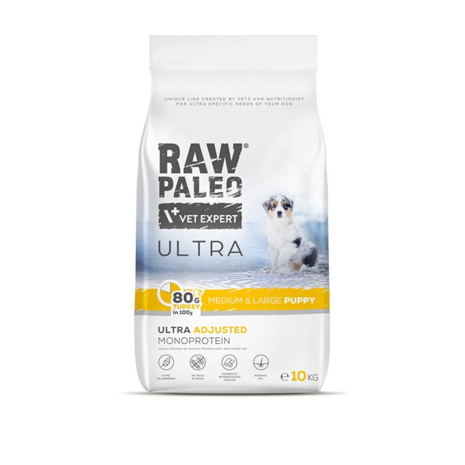 Opakowanie suchej karmy dla szczeniąt ras średnich i dużych z indykiem, oznaczone jako RAW PALEO VET EXPERT ULTRA. Na opakowaniu widoczny jest pies oraz informacje o składzie: 80% turkey in 100g, e 10 kg.