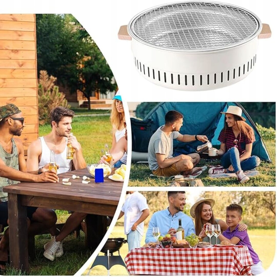 Obraz przedstawia przenośny grill turystyczny z metalową kratką i otworami wentylacyjnymi. W tle widoczne są sceny z ludźmi spędzającymi czas na świeżym powietrzu przy stole piknikowym, namiocie i stole z obrusem w kratę.