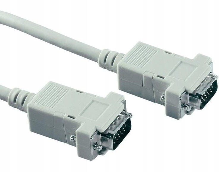 Na obrazie widoczny jest szary kabel z dwoma złączami VGA na końcach. Złącza mają metalowe piny i plastikowe obudowy z żebrowaniem.